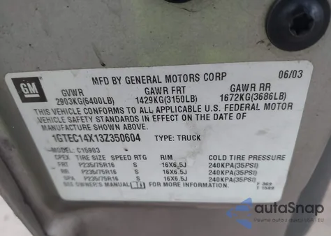 2003 GMC Sierra 1500 Work Truck from USA, damaged, VIN 1GTEC14X13Z350604